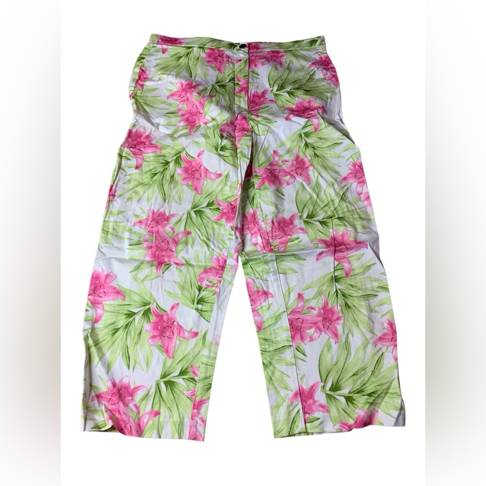 VTG Lana Lee Canada Floral Lily Crop Pants Wide Leg Size 14